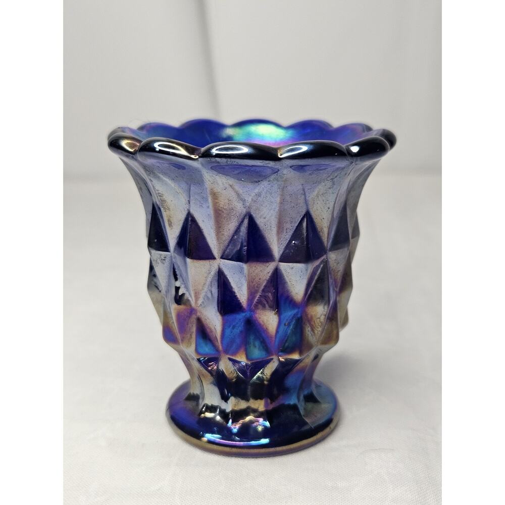 Vtg Imperial Cobalt Carnival Glass Diamond Block Aurora Jewel Toothpick Holder